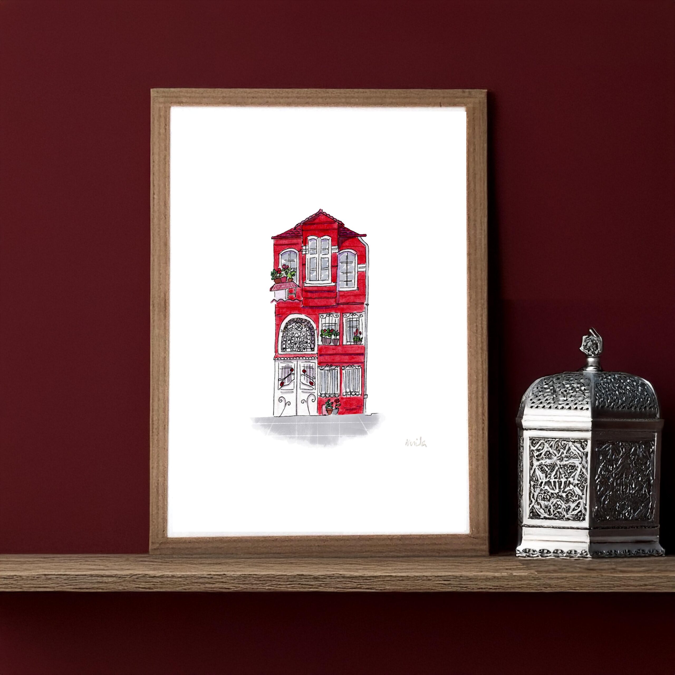 Art Istanbul Balat | Aquarelle Maison Rouge Turquie | Encadré | Cadeau Voyage Istanbul | Déco Orientale Murale